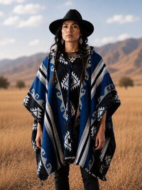 Handwoven Unisex Native American Hooded Wool Poncho - 100% Wool Pullover Coat